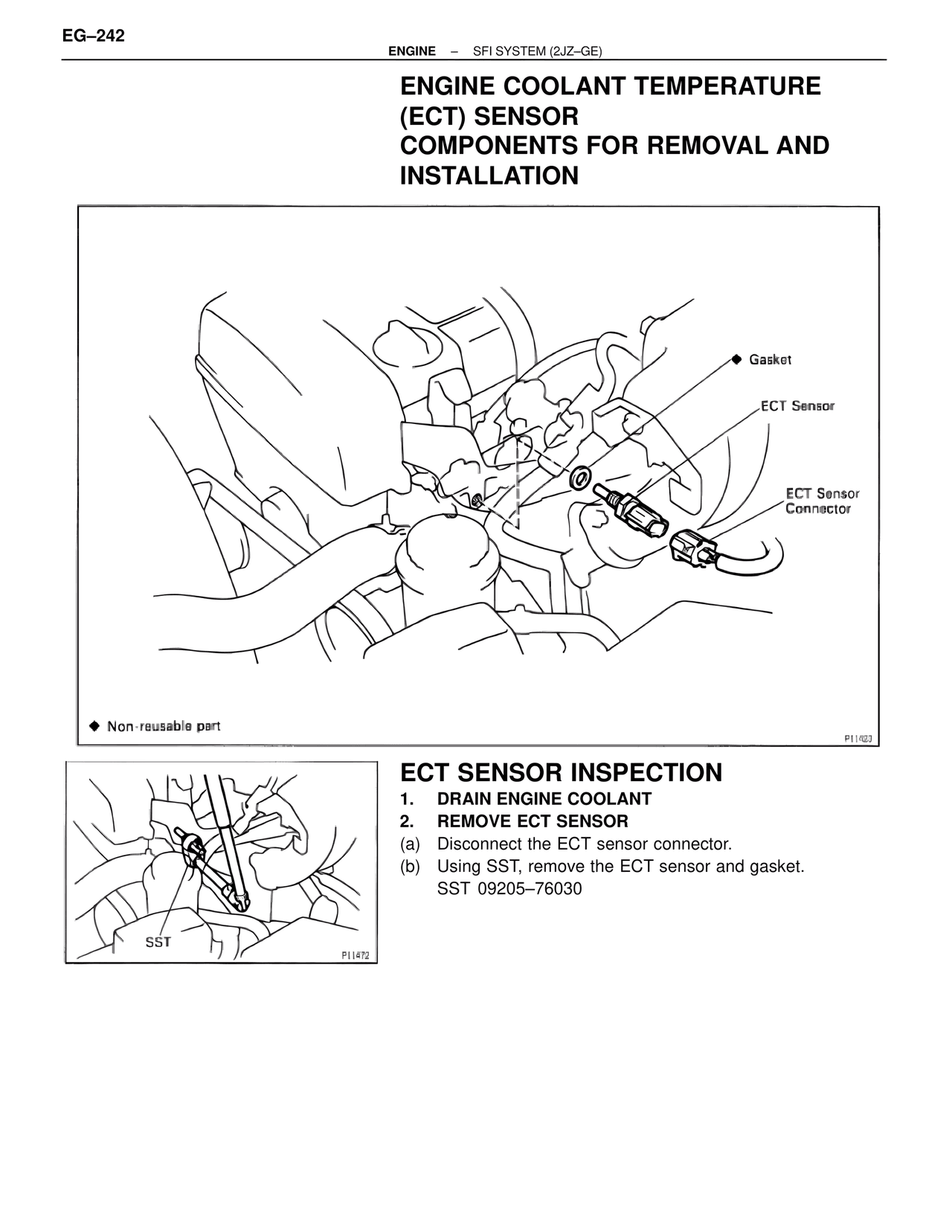 Engine Coolant Temperature (ECT) Sensor Components for Removal and Installation — MK4 Supra SFI System 2JZ-GE, page 56