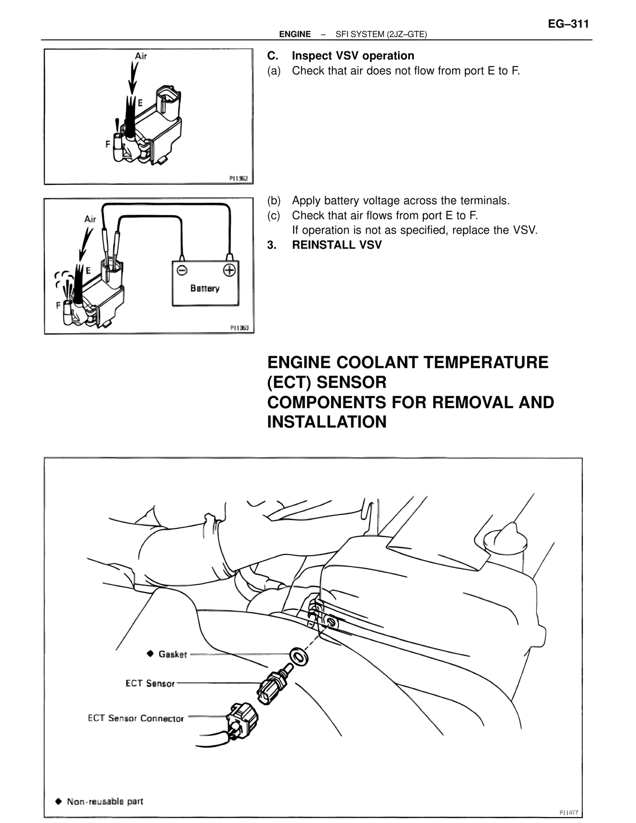 Engine Coolant Temperature (ECT) Sensor Components for Removal and Installation — MK4 Supra SFI System 2JZ-GTE, page 54