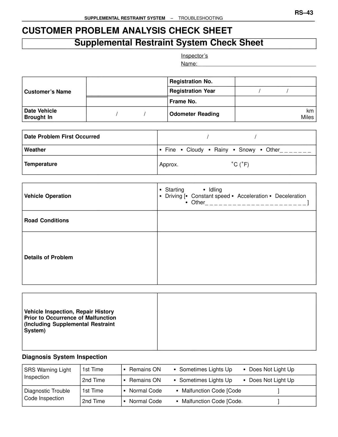 Customer Problem Analysis Check Sheet — MK4 Supra Supplemental Restraint System, page 43