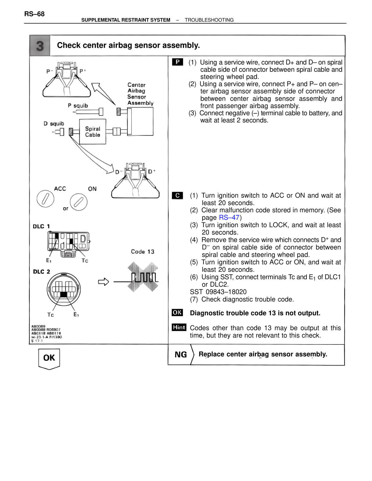 Check center airbag sensor assembly. — MK4 Supra Supplemental Restraint System, page 68