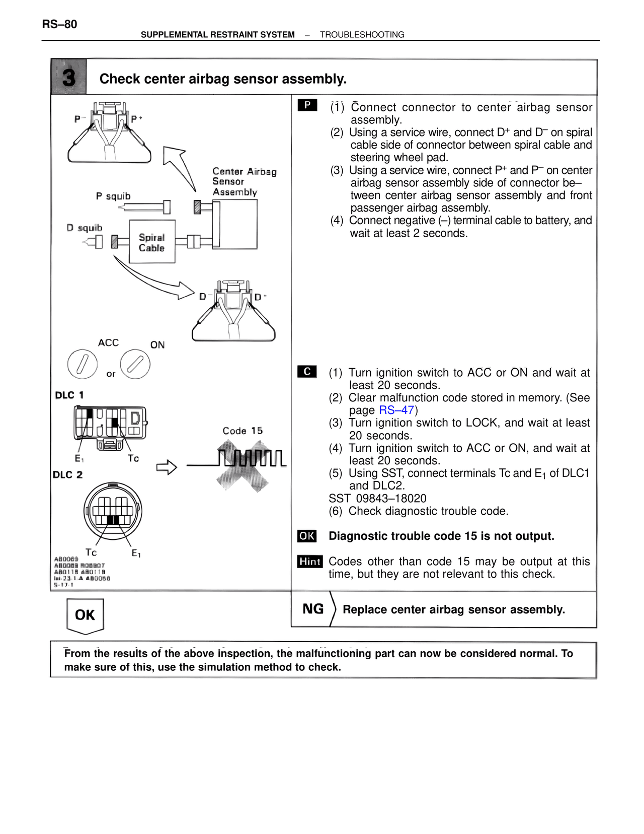 Check center airbag sensor assembly. — MK4 Supra Supplemental Restraint System, page 80