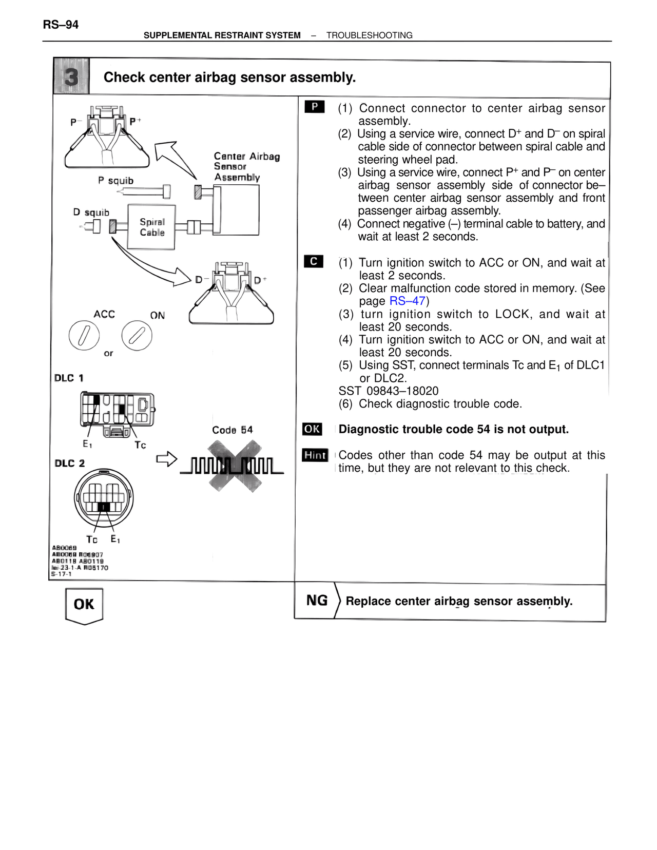 Check center airbag sensor assembly. — MK4 Supra Supplemental Restraint System, page 94