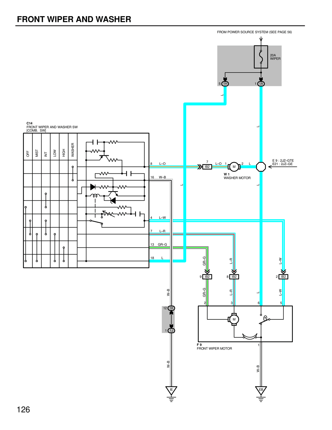 Front Wiper and Washer — MK4 Supra Front Wiper and Washer wiring diagram, page 1